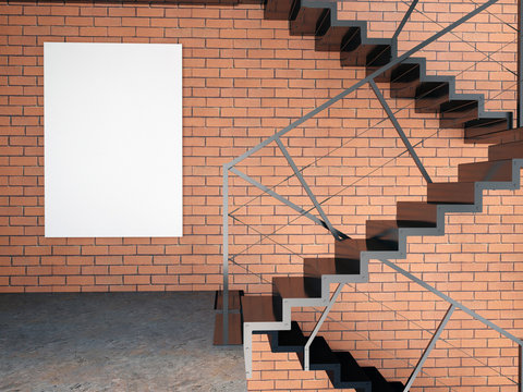 Mock up poster in interior with stairs. living room hipster style. 3d illustration