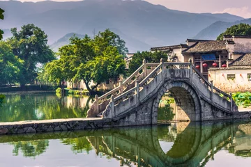 Acrylic prints Huangshan Hongcun, China - July 28, 2014: Bridge of Hongcun village