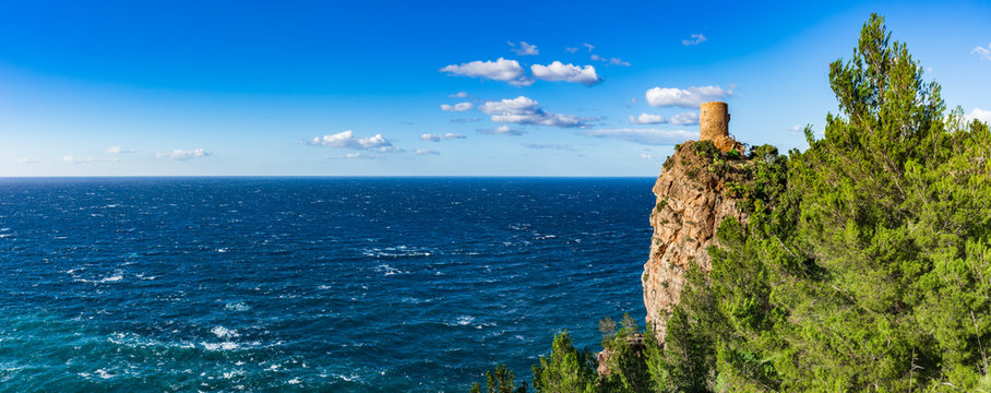 Torre des Verger Watchtower on the cliffs of Majorca island coast Spain Mediterranean Sea