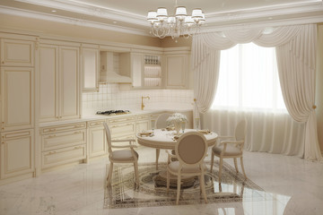 3d illustration of beige classic kitchen with a round table