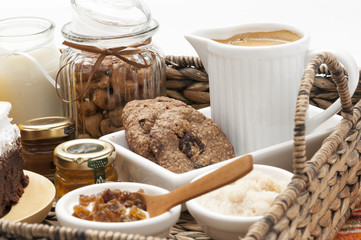 Breakfast vanilla budin, chocolate chip cookies and chocolate cake with cream chocolate mouse coffee tea infused fruit juice hand made orange juice for events wedding anniversary catering
