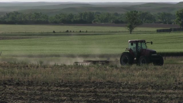 Tractor driving by in field as it pulls plow behind.
