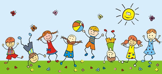Naklejki  szczęśliwe dzieci na łące, ilustracji wektorowych