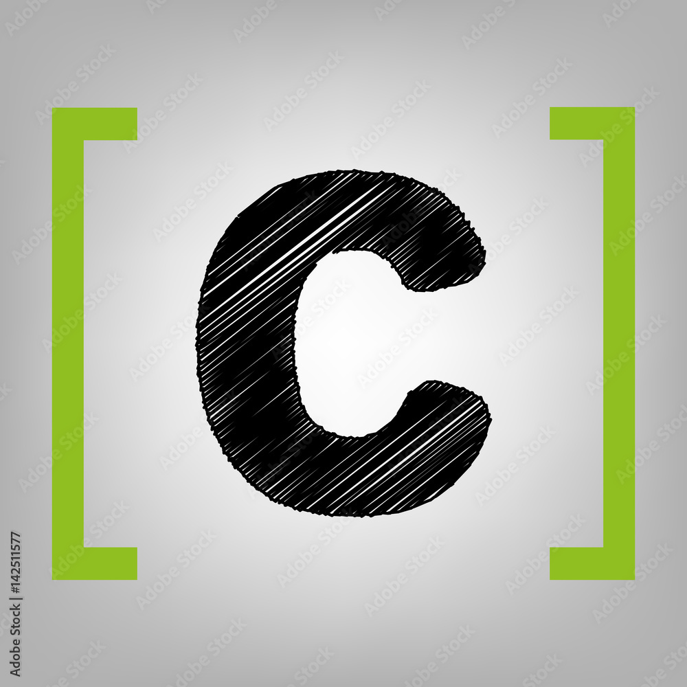 Fototapete letter c sign design template element. vector. black scribble icon in citron brackets on grayish bac