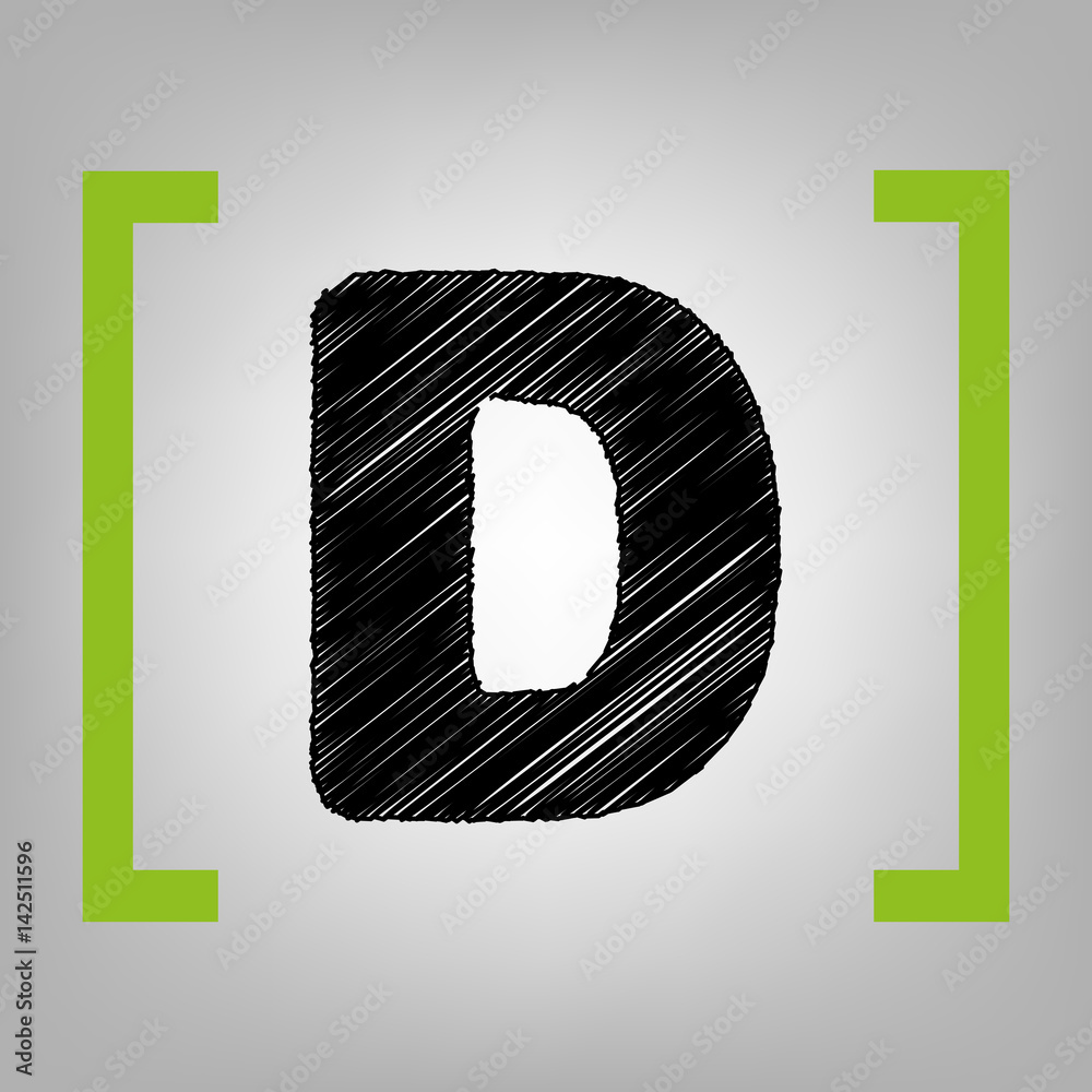 Fototapete letter d sign design template element. vector. black scribble icon in citron brackets on grayish bac
