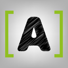 Letter A sign design template element. Vector. Black scribble icon in citron brackets on grayish background.