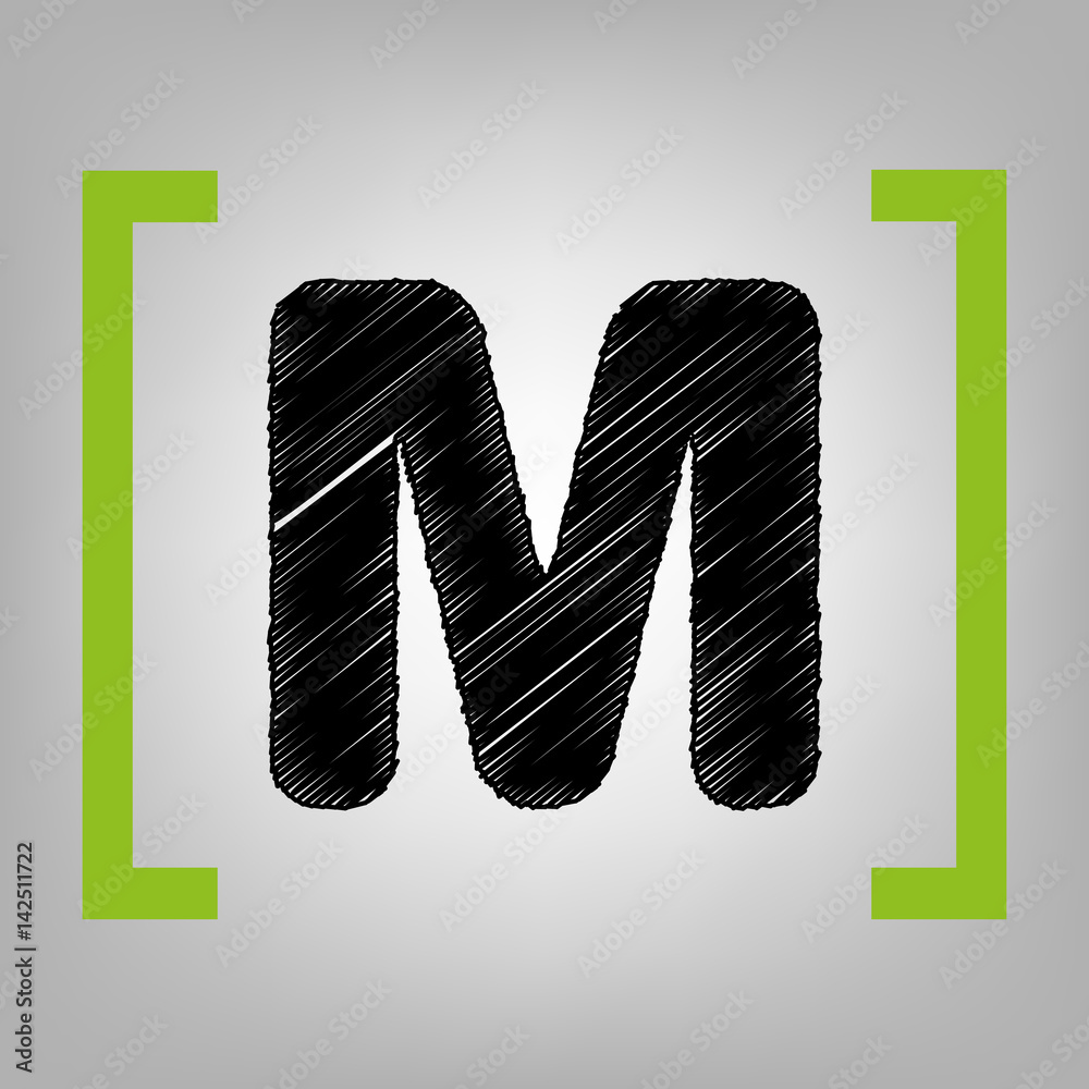 Fototapete letter m sign design template element. vector. black scribble icon in citron brackets on grayish bac