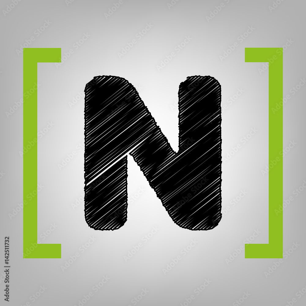 Fototapete letter n sign design template element. vector. black scribble icon in citron brackets on grayish bac
