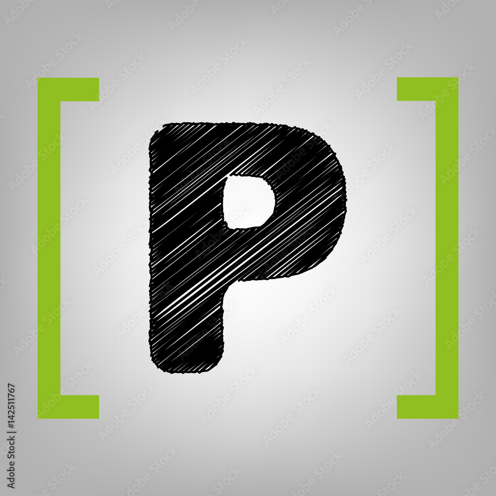 Fototapete letter p sign design template element. vector. black scribble icon in citron brackets on grayish bac