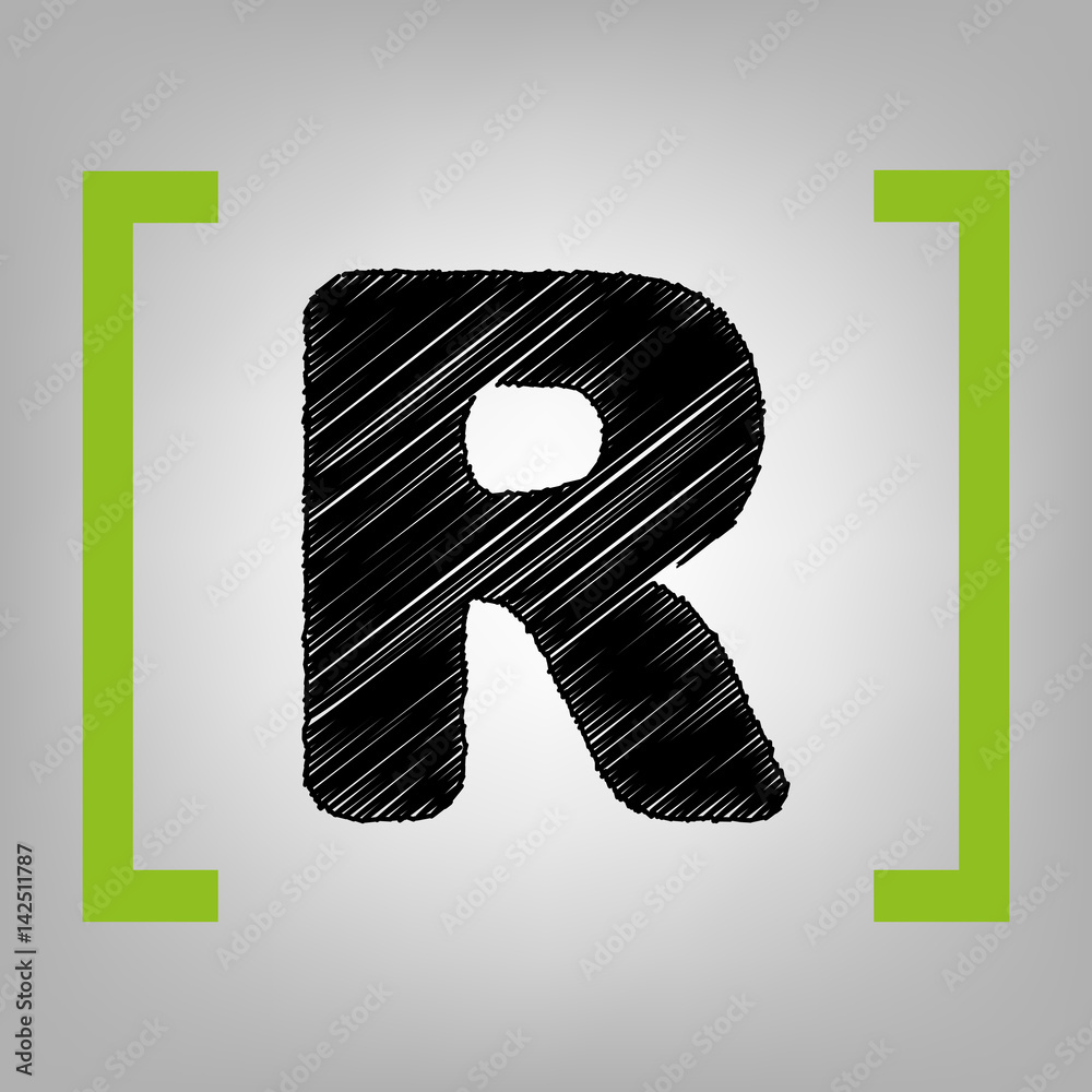 Fototapete letter r sign design template element. vector. black scribble icon in citron brackets on grayish bac