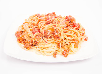 Spaghetti bolognese on a white background
