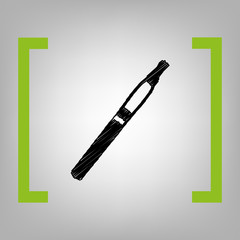 E-cigarette sign. Vector. Black scribble icon in citron brackets on grayish background.