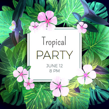 Customizable vector floral design template for summer party. Tropical flyer with pink and purple exotic flowers and green palm leaves.