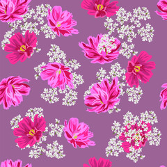 Vintage seamless pattern with sweet pink flowers. Hand-drawn floral background for textile, cover, wallpaper, gift packaging, printing, scrapbooking. Romantic design.