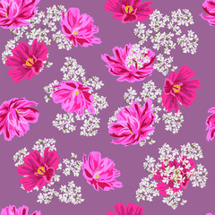 Vintage seamless pattern with sweet pink flowers. Hand-drawn floral background for textile, cover, wallpaper, gift packaging, printing, scrapbooking. Romantic design.