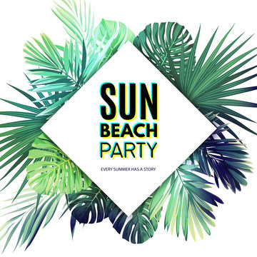 Bright vector floral poster template for summer beach party. Tropical flyer with green exotic palm leaves.