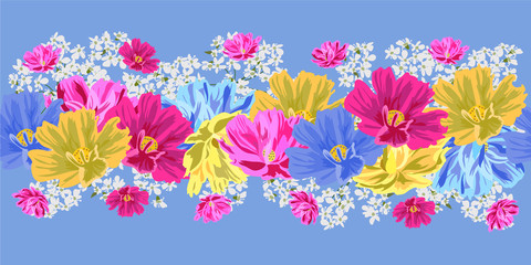 Seamless floral border with cute colorful flowers. Hand-drawn pattern on blue background.