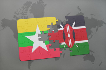 puzzle with the national flag of myanmar and kenya on a world map