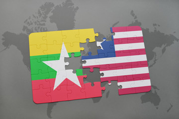 puzzle with the national flag of myanmar and liberia on a world map