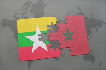 puzzle with the national flag of myanmar and morocco on a world map