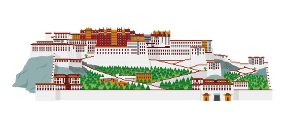 Potala Palace, Lasha (Tibet), China. Isolated on white background vector illustration. - obrazy, fototapety, plakaty