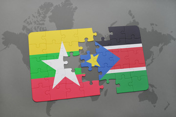 puzzle with the national flag of myanmar and south sudan on a world map