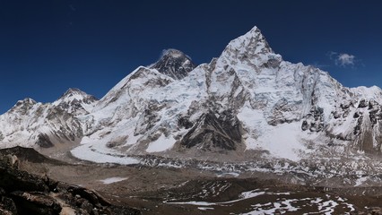 Mount Everest, Nuptse and Khumbu glacier with Everest Base Camp. View from Kala Patthar.