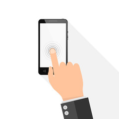A man touches finger touch screen phone. Vector illustration.