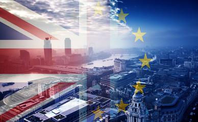 brexit concept - Union Jack flag and EU flag combined over iconic London landmarks - UK leavs the EU