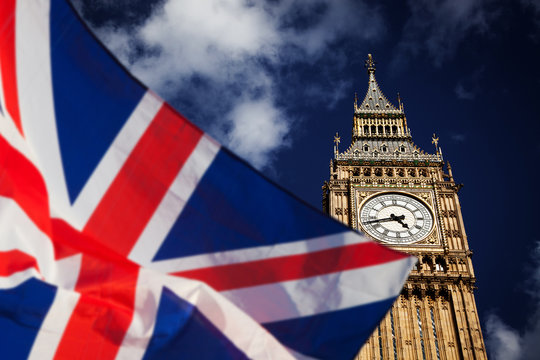 brexit concept - Union Jack flag and iconic Big Ben in the background - UK leavs the EU