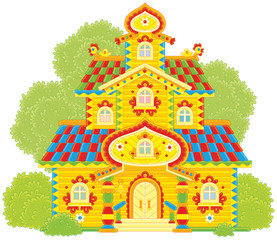 Old colorfully decorated wooden tower from fairy tale
