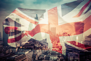 brexit concept - Union Jack flag and iconic London landmarks - UK leavs the EU