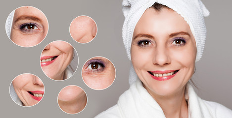 Fototapeta premium happy woman after beauty treatment - before/after shots - skin care, anti-aging procedures, rejuvenation, lifting, tightening of facial skin