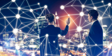 Concept of social connection and networking against night city v