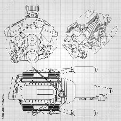"A set of several types of powerful car engine. The engine is drawn