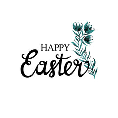 Happy Easter lettering with flower on a white background
