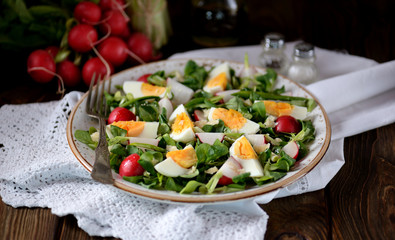 Spring green salad from organic radish, wild garlic with boiled eggs, olive oil and parmesan.