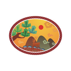 Mountains valley landscape. Wild deer on river bank. Freehand drawn cartoon in asian style. Creative vintage poster background. Reindeer in clouds symbol. Decorative vector illustration banner element