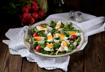 Spring green salad from organic radish, wild garlic with boiled eggs, olive oil and parmesan.