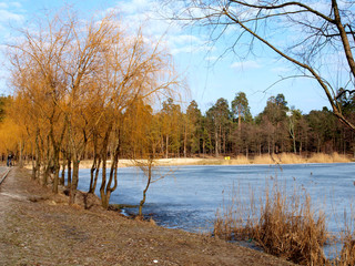 .Beautiful prak with a lake in the beginning of spring