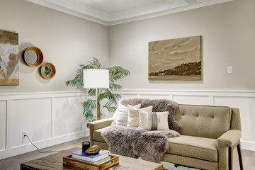 Lovely craftsman style living room with coffered cealing