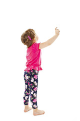 Little baby girl showing something above her, rear view. Isolated on white background