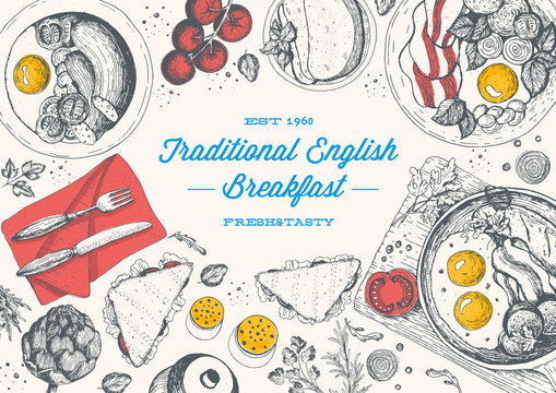 English breakfast top view frame. English food menu design. Vintage hand drawn sketch vector illustration