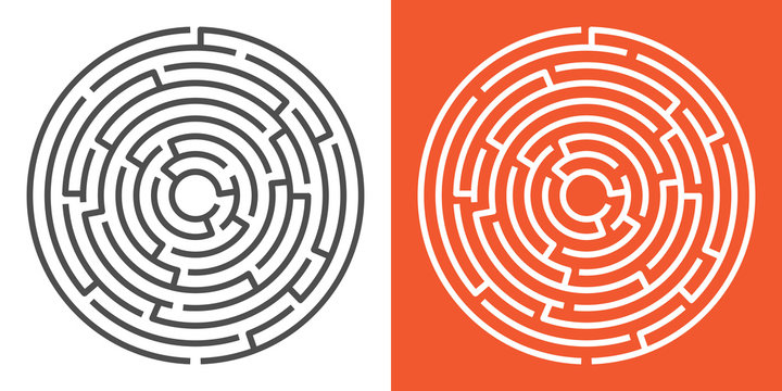 Round maze isolated on white and orange backgrounds. Circle labyrinth. Vector illustration