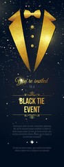 Vertical Black Tie Event Invitation. Businessmen banner. Elegant black  card with golden sparkles.  Black banner with businessman suit. Vector illustration