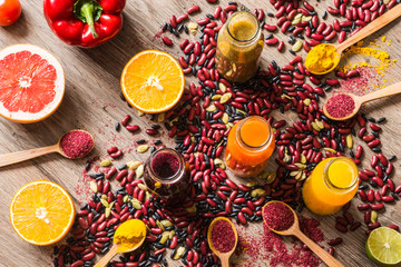 Detox diet. Different colorful fresh juices. top view