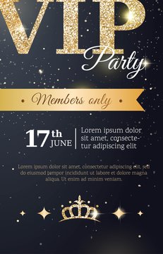 VIP party premium vertical invitation card. Black and golden design template. Vector illustration