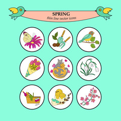 Spring thin line colored vector icons.