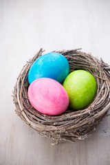 Easter eggs in the nest. Spring discount card.