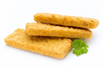 Fish fingers on the white background.